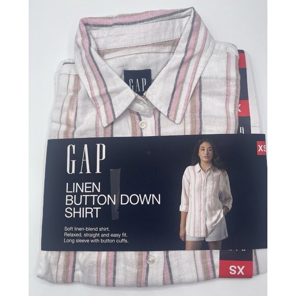 GAP Shirt Blouse Womens Size XS Linen Striped Button Down Striped White Pink - Picture 1 of 4